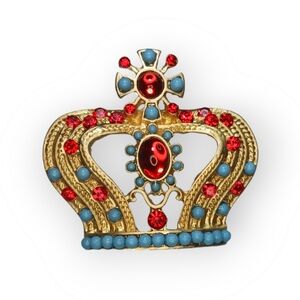 Red Cabochon Bejeweled Rhinestone Turquoise Tone Beads  Gold Tone Crown Brooch